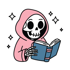 Cute Skeleton in Pink Hood Reading a Book