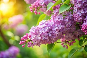 Fototapeta premium Beautiful lilac flowers on green leaves background