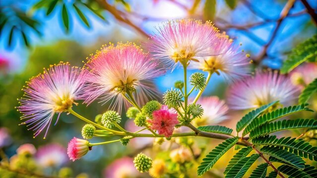 Beautiful light rose color flowers of quickstick or Gliricidia sepium tree in forced perspective