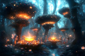 A magical forest scene with glowing trees and fairies gathered around a glowing cauldron.