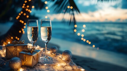 champagne glasses set on a beach with Christmas decorations and fairy lights, overlooking the ocean waves at sunset