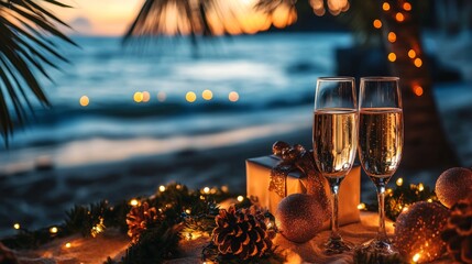 champagne glasses set on a beach with Christmas decorations and fairy lights, overlooking the ocean waves at sunset