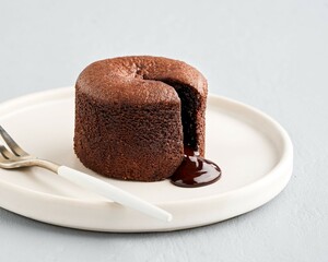 Close-up of a chocolate lava cake with a rich, molten center flowing onto a white plate. Served with a white and fork, highlighting the soft texture and indulgent fillin Copy space, closeup view.