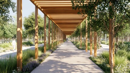 Fototapeta premium A detailed wooden canopy over a pedestrian pathway, providing shade and designed with sustainability in mind