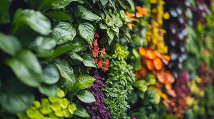 Fototapeta premium A vertical garden wall with various plants and flowers, creating an eco-friendly green space in the city.