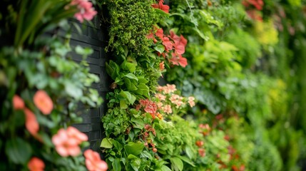 A vertical garden wall with various plants and flowers, creating an eco-friendly green space in the city.