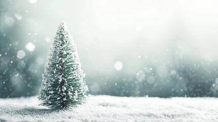Obraz premium Small snow covered Christmas tree with light soft background