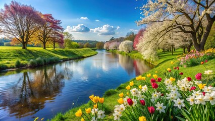 Beautiful spring landscape with colorful flowers and a flowing river