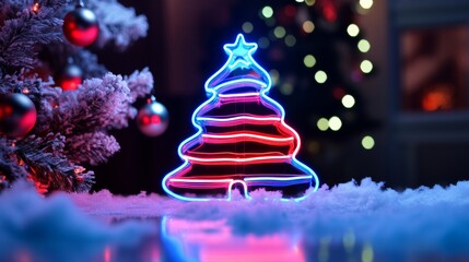 Bright neon Christmas tree spiraling upward in colorful lights, glowing in a misty atmosphere against a dark purple backdrop