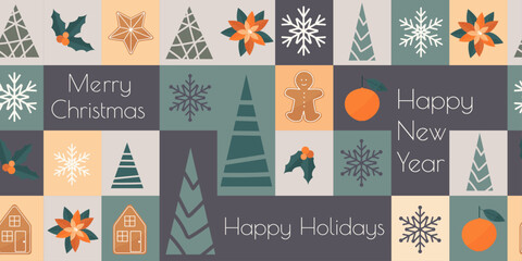 Christmas and New Year seamless pattern in minimalist modern style. Flat illustration. Vector elements.