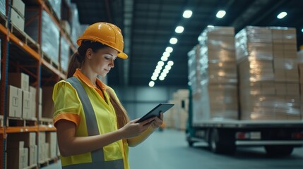 A female manager wearing a protective helmet and vest controls a warehouse with a tablet in her hand in a large warehouse with shelves and goods, with space for text or inscriptions
