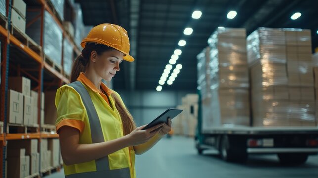 A female manager wearing a protective helmet and vest controls a warehouse with a tablet in her hand in a large warehouse with shelves and goods, with space for text or inscriptions
 - Powered by Adobe