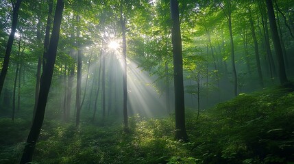 Obraz premium Dense forest in the early morning, with sunlight breaking through the mist