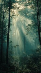 Dense forest in the early morning, with sunlight breaking through the mist