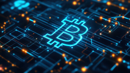 Digital currency technology is represented by glowing Bitcoin symbol amidst network of interconnected lines and lights, showcasing essence of blockchain innovation