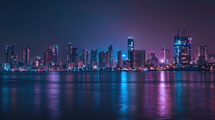 Naklejka premium Bombay Night Skyline - Panoramic View of Downtown Mumbai City Landscape with Skyscrapers