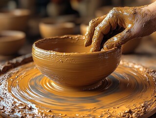 A skilled artisan shapes clay into a beautiful bowl on a potter's wheel, showcasing the art of pottery and craftsmanship.