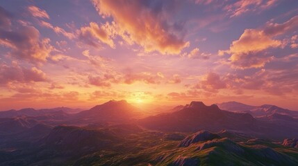 A picturesque sky over a mountain range, with wispy clouds glowing pink and gold in the setting sun