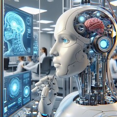 Fototapeta premium Advanced AI robots with human-like features Laboratory setup