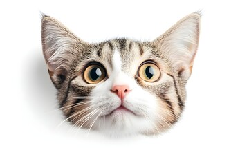 Craft a whimsical, low-angle image of a playful kitten with captivating eyes, against a clean white background, using vibrant digital illustration techniques