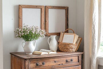 A rustic corner featuring a wooden dresser with metal handles