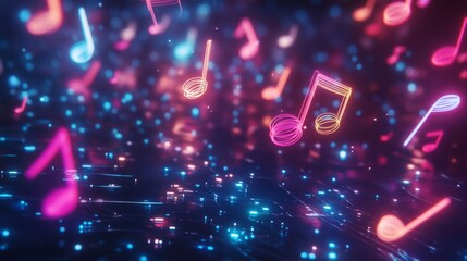Illuminated Harmony: Neon-colored Musical Notes Representing the Connection Between Music and Imagination