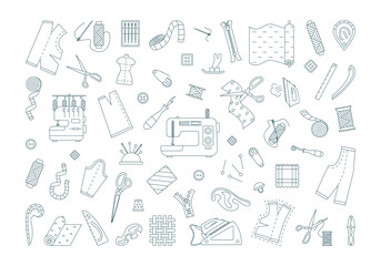 Sewing elements and materials for sewing and needlework in icons outline set. Tailoring tools, equipment and accessories. Threads, buttons, needle, scissors, dummy, patterns. Vector line illustration