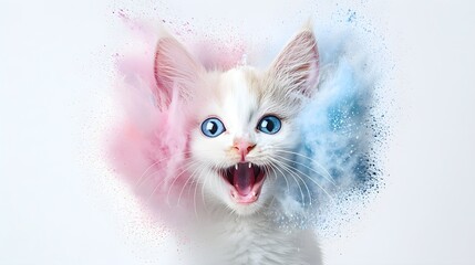 Fototapeta premium Excited cat, ears perked, open mouth, vibrant colors, watercolor style