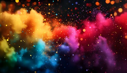 A burst of colorful particles in motion, dynamic energy, neon spectrum, digital illustration, isolated on white background