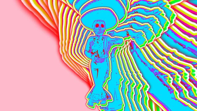 Dancing mexican skeleton with echo effect. Halloween seamless background with cartoon illustration effect