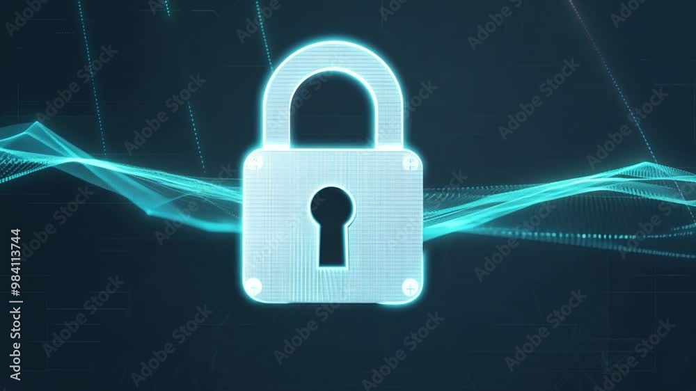 Aufkleber a sturdy metallic lock is prominently displayed against a dark backdrop, with vibrant blue digital w