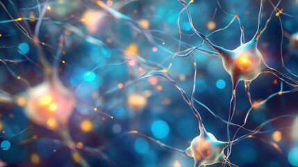 Abstract representation of neurons and synapses in a vibrant, colorful neural network.