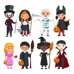 Cartoon cute halloween kids in trick or treat