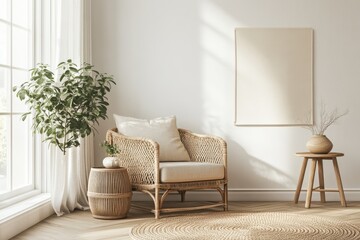 A Scandinavian-style living room with light beige tones and natural wood furniture. A woven