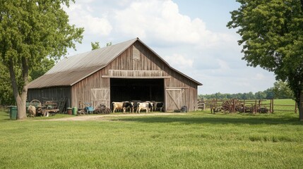 A rustic barn on a working farm, with cows visible inside and farm equipment scattered around the...
