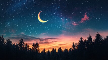 Naklejka premium A sky filled with stars and a bright crescent moon, with a silhouette of trees in the foreground