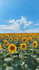 Field of golden sunflowers with blue sky and white clouds hd phone wallpaper