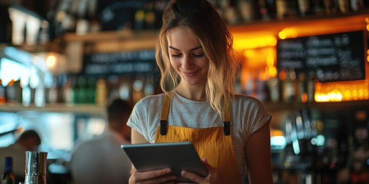 Woman Using Tablet at Bar - Powered by Adobe