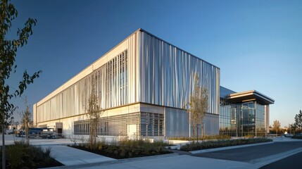 Obraz premium A high-tech recycling facility with a facade of dynamically patterned fiber cement siding, symbolizing the transformation of old materials into new