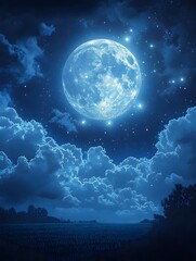 Obraz premium A full moon shines brightly in the night sky, casting an ethereal glow on the clouds and distant landscape.