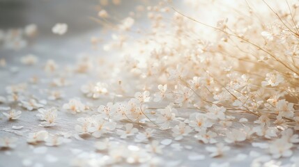 Beautiful tiny grass flowers scattered on the floor, with delicate petals and fine textures, set against a natural, realistic background