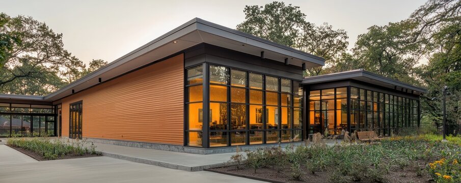 A historical museum extension that uses textured fiber cement siding to subtly blend the new with the old, respecting historical aesthetics while providing modern protection