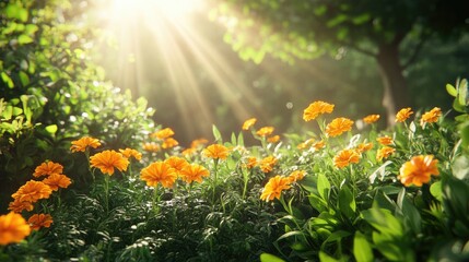 Obraz premium Golden marigolds basking in the morning sun, surrounded by lush greenery, creating a peaceful and realistic garden atmosphere