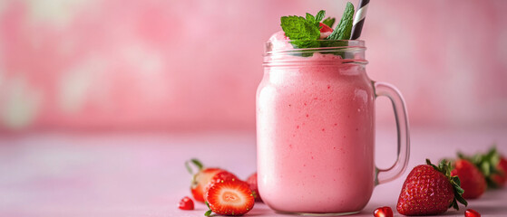 A refreshing strawberry smoothie in a jar, garnished with mint and surrounded by strawberries.