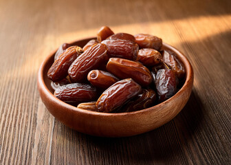 A bowl of dried dates on the table. 