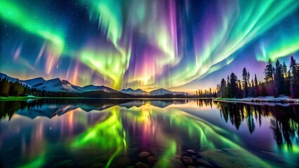 Snowcapped mountains and sea under aurora borealis at night