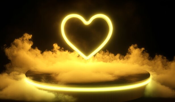 Neon lights heart with glowing platform. Podium stand for promotions Romantic themes, Valentine's day, birthday, wedding. mother's day and international women's day