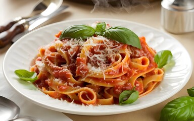 spaghetti with tomato sauce, A steaming plate of traditional Italian pasta with a rich tomato sauce, garnished with fresh basil and Parmesan cheese