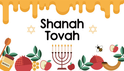 Rosh hashanah background illustration with fruits, honey, and bees.