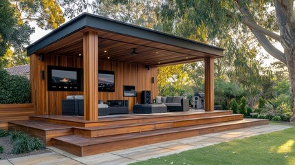 Naklejka premium A luxury backyard pavilion made of polished wood, equipped with high-end audiovisual equipment for outdoor entertainment